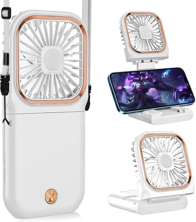 LISM-Draagbare nekventilator, mini stille handventilator, opvouwbaar, USB-oplaadbaar, met telefoonhouder en ventilator, Geschikt voor thuis, op kantoor, buitenreizen, handsfree nekventilator.