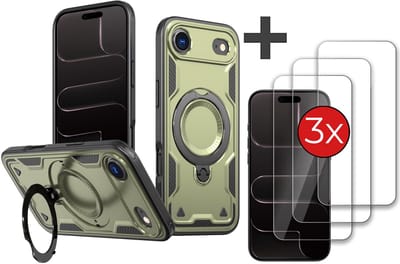 Hoesje Geschikt voor iPhone 17 Air met 3 Stuks gehard glas Screenprotector - Armor hoes met Ringhouder - Arara backcover - Groen
