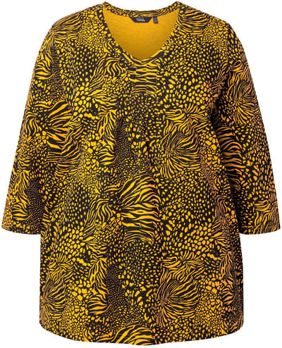 Ulla Popken - Dames - Shirt dierenprint A-lijn V-hals 3/4-mouw - Neonoranje - Maat 42+