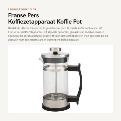 Dailygoods- Franse Pers Koffiezetapparaat - Roestvrij Staal - Hoog Borosilicaatglas - Dubbele Filtratie - Compact 11x7,2x16,3 cm - Huishoudelijk Gebruik
