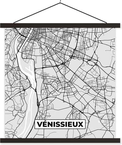 Posterhanger incl. Poster 60x60 cm - Schoolplaat - Vénissieux - Plattegrond - Frankrijk - Kaart - Stadskaart - Textielposter - Zwarte latten - Stadskaart