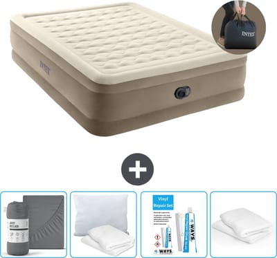 Intex Luchtbed - 2-Persoons - 152 x 203 x 46 cm - Beige - Inclusief pomp - Hoeslaken - Kussen - Reparatieset en Kussenbeschermer