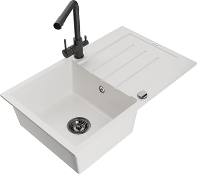 Mexen Bruno granieten spoelbak 1-kamer met afdruipgedeelte en keukenmengkraan Duero, wit - 6513-20-671600-70