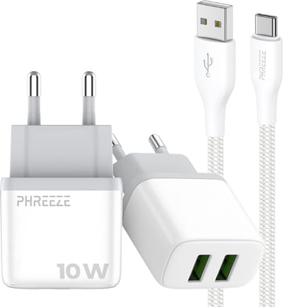 Phreeze 12w usb adapter - Usb naar usb C kabel 1 meter - 5v 2a power adapter met 2 poorten voor usb C smartphone tablet ereader controller - Oplader