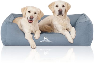 Knuffelwuff orthopedisch waterafstotend hondenbed Leon van velours met handgeweven karakter XL 105 x 75cm lichtblauw