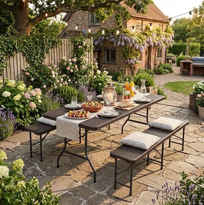 MIVRAY Picknicktafel 180 Cm - Klapbaar 3-Delig Set Met 2 Banken - Voor Tuin En Camping - HDPE Kunststof - Bruin