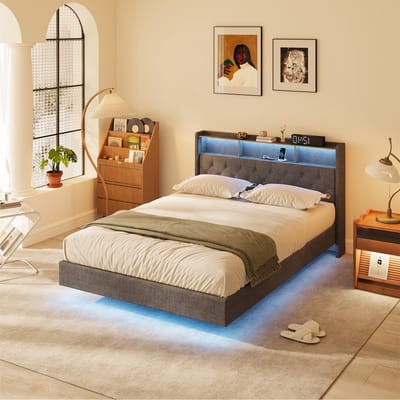 Xbro Bed 140 x 200 cm met LED-verlichting en USB-oplaadpoort,Tweepersoonsbed met Lattenbodem,Gestoffeerd bed met Hoofdbord en Opbergruimte,Donkergrijs