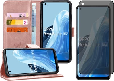 Hoesje geschikt voor Oppo Reno 8 Lite - Privacy Screenprotector Volledig Dekkend Glas - Portemonnee Book Case Rosegoud