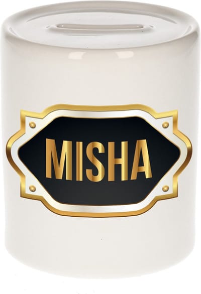 Spaarpot met voornaam Misha - wit - met goud/zwart embleem - 8 x 9 cm - keramiek - met afsluitdop - cadeau verjaardag