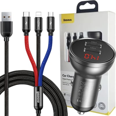 Baseus car charger with 24W display + 3in1 Three Primary Colors USB cable 1.2m