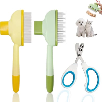 Famanu – Set van 2 kattenkam en nagelknipper, zelfreinigende vlooienkam voor huisdieren met knop voor het verwijderen van haar