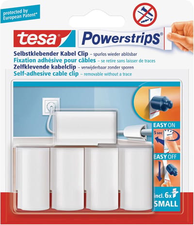 Tesa Kabelclips met powerstrips - 10x st - wit - zelfklevende kabelklemmen - kabelhouders - kabelbinders - zonder boren