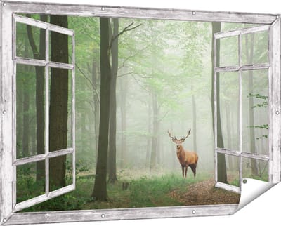 Gards Tuinposter Doorkijk Hert in Bos - 150x100 cm - Tuindoek - Tuindecoratie - Wanddecoratie buiten - Tuinschilderij