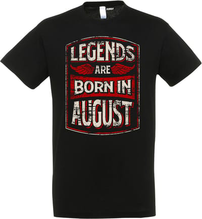 T-shirt Legends are born in August | Verjaardag shirt Augustus | verjaardag cadeau voor mannen | Zwart | maat XS