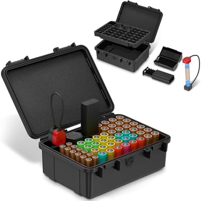 Batterij Organizer - Batterijhouder Koffer - Batterijen Opbergen - IP68 Waterdicht Ontwerp - 40 AA 12 AAA - Zwart