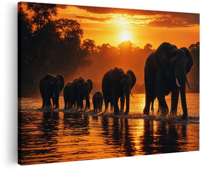 Artaza Canvas Schilderij Olifanten Bij Zonsondergang - Rivier En Goud - 120x80 cm - Groot - Wanddecoratie Woonkamer - Schilderijen - Muurdecoratie