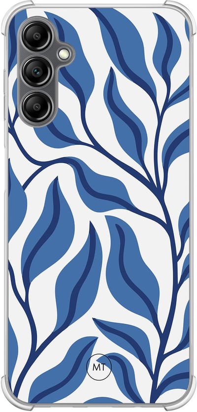 Hoesje (shockproof) geschikt voor Samsung Galaxy A14 5G - Blue leaves - Extra sterke case - TPU/polycarbonaat - Print - Blauw, Transparant