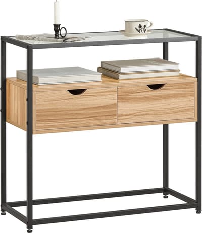 Mara Consoletafel - Sidetable - Bijzettafel - MDF - Glas - Bruin - Zwart - 81 x 35 x 78 cm