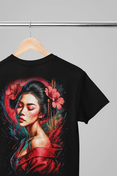 Oversized shirt - Geisha dinamica - Wurban Wear | Draak | Anime streetwear | Asian streetwear | Streetwear | Geisha | Techno outfit | Fantasy shirt | Gym shirt | y2k | Tattoo | Urban | Grote maten | Japanese mythology | Samurai | Zwart