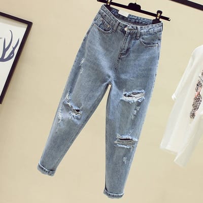 Lichtgekleurde Jeans voor Dames Gescheurde Losse Rechte Broek voor Lente en Zomer Nieuwe Hoge Taille Harembroek voor Afslanken Negenpunts Papa Broek S gray