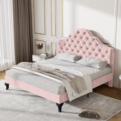 Gestoffeerd tweepersoonsbed met verstelbaar hoofdeinde - Voor volwassenen en tieners 140x200 cm - Roze - Klassieke knoopstiksels in fluweel - Inclusief lattenbodem - 300 kg draagvermogen