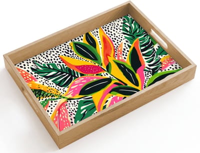 Dienblad hout 40x30 cm - Schootdienblad - Tropisch - Bladeren - Zwart - wit - Borrelplank rechthoek - Plateau dienbladen