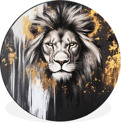 WallCircle - Wandcirkel - Muurcirkel - Leeuw - Portret - Verfspatten - Grijs - Aluminium - Dibond - 30x30 cm - Binnen en Buiten