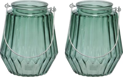 2x stuks theelichthouders/waxinelichthouders streepjes glas zeegroen met metalen handvat 11 x 13 cm - Windlichtjes/kaarsenhouders