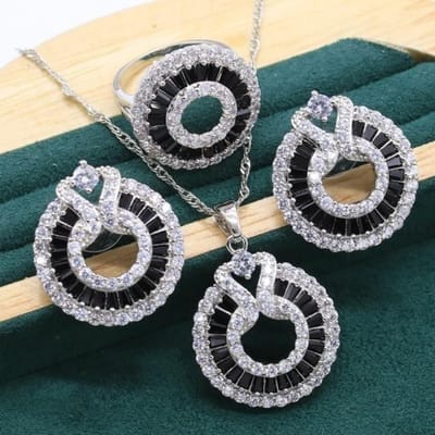Zilveren Sieradenset Voor Vrouwen Bruiloft Luxe Zwarte Kristal Armband Oorbellen Ketting Hanger Ring Verjaardag Kerstcadeau 9 gray