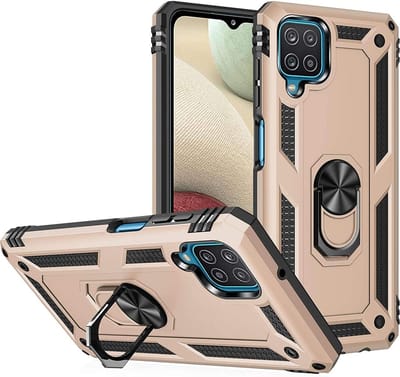 HB Hoesje Geschikt voor Samsung Galaxy A12 Goud - Anti-Shock Hybrid Armor Back Cover - Hoes met Kickstand Ring