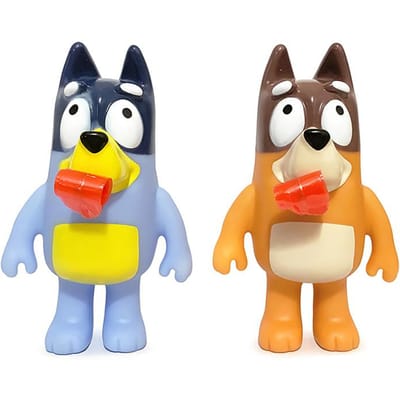Bluey en Bingo animefiguurtjes van PVC die kunnen knijpen en een geluid maken, en hun tong uitsteken. Grappig en stressverlichtend speelgoed voor kinderen.