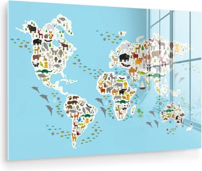 ® Glasschilderij 120x80 cm - Schilderij acrylglas - Wereldkaart - Kinderen - Dieren - Blauw - Jongens - Meisjes - Foto op glas - Muurdecoratie woonkamer - Wanddecoratie slaapkamer - Schilderijen
