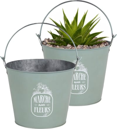 Sunnydays Emmer/plantenpot/bloempot - 2x - zink - jadegroen - D24 x H19 cm
