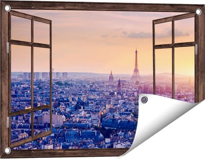 Gards Tuinposter Doorkijk Skyline van Parijs tijdens Zonsondergang - 60x40 cm - Tuindoek - Tuindecoratie - Wanddecoratie buiten - Tuinschilderij