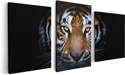 Artaza Canvas Schilderij Drieluik Tijger Op Zwart Achtergrond - 120x60 - Foto Op Canvas - Canvas Print
