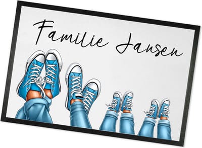 Deurmat met Familienaam | housewarming cadeau | Deurmat Gezin Sneakers | Leuk Cadeau voor een gezin | 60x40cm | Sneakers Lichtblauw