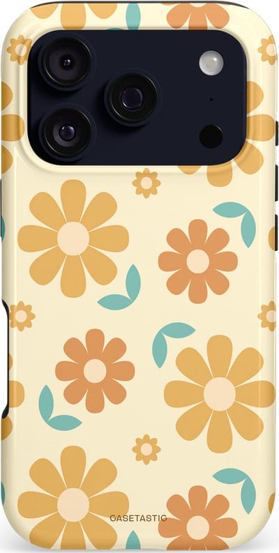 Casetastic hoesje geschikt voor Apple iPhone 17 Pro - MagSafe - Dubbellaagse bescherming - Flower power Retro Bloemen - Geel - Oranje - Blauw - Fashion Case - Crème Goud Perzik