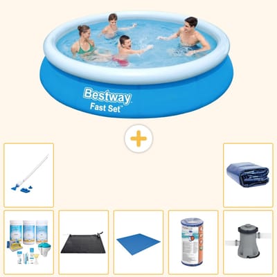 Bestway Rond Opblaasbaar Fast Set Zwembad - 366 x 76 cm - Blauw - Inclusief Onderhoudspakket - Solar Mat - Grondzeil - Filter - Stofzuiger - Zwembadfilterpomp - Solarzeil - 8-delig