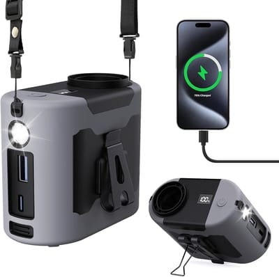 Oplaadbare klemriemventilator 10000mAh, 5 snelheden, zaklamp, siliconenhoes, mangaanstalen klem, tot 40 uur gebruik, geschikt voor hals/tafel/wandelen/kantoor
