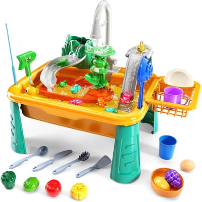 Multifunctionele elektrische watertafel voor kinderen - keukenwasser met stromend water en vismetspel - voor peuters van 3-8 jaar - met waterpomp, accessoires voor eten en dieren, rollenspel, perfect als cadeau voor jongens en meisjes
