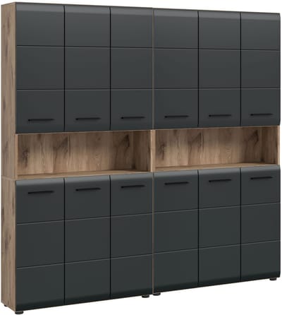 Moderne Badcombinatie - 2-delige Kast met Ruime Opslag - Zwart Mat en Nox Oak - 180x185x30cm