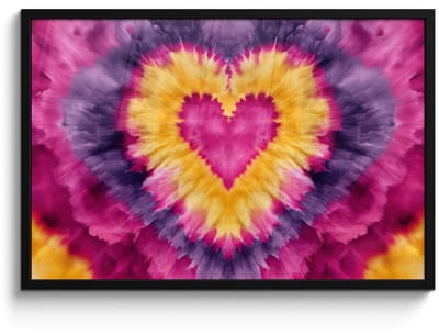 Poster in lijst - Fotolijst 90x60 cm - Posters - Tie dye - Hartvorm - Vlammen - Oranje - Posterlijst zwart - Decoratie - Wanddecoratie woonkamer - Muurdecoratie slaapkamer