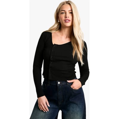 boohoo Dames Geribbelde asymmetrische hals-top met knoopsluiting | Zwart | Maat: 34