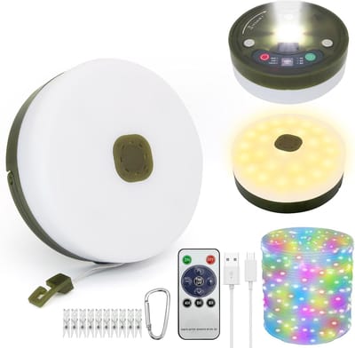 Thijox - 10m Oprolbare Camping Lichtslinger, USB Oplaadbaar, 1800mAh, 9 Verlichtingsmodi, IP44 Spatwaterdicht, Draagbaar voor Camping, Tenten, Camper,