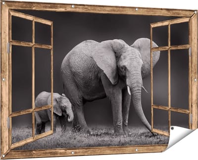 Gards Tuinposter Doorkijk Olifant Moeder en Zoon - Zwart Wit - 150x100 cm - Tuindoek - Tuindecoratie - Wanddecoratie buiten - Tuinschilderij