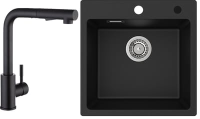 CECIPA max Spoelbakken Keuken 45x45cm - Graniet Spoelbak Keuken Met Keukenkraan Met Uittrekbare Uitloop - Graniet Enkele spoelbak - Spoelbakken met Afdruip - Antraciet