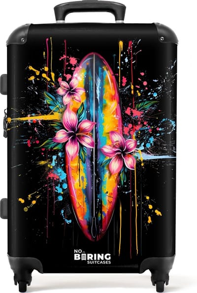 NoBoringSuitcases.com® - Koffer groot - Rolkoffer lichtgewicht - Kleurrijk surfbord met bloemen - Reiskoffer met 4 wielen - Grote trolley XL - 20 kg bagage