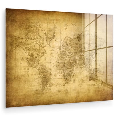 ® Glasschilderij 160x120 cm - Schilderij acrylglas - Wereldkaart - Retro - Papyrus - Foto op glas - Muurdecoratie woonkamer - Wanddecoratie slaapkamer - Schilderijen