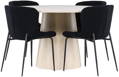 Lanzo eethoek tafel Ø120cm en 4 teddy stoelen whitewash.