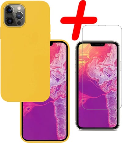 Hoesje Met Screenprotector - Geschikt voor Apple iPhone 14 Pro - Sterk & Shockproof - Back Cover - Siliconen Case - Telefoon Hoes - Geel